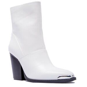 Qupid NEW Slay 73-B White Vegan Leather Block Heel BootsTrendy Chic Booties